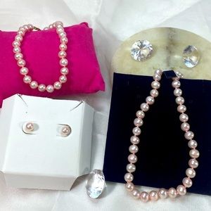 10K YELLOW GOLD vintage pink pearls set includes Necklace, earrings & bracelet